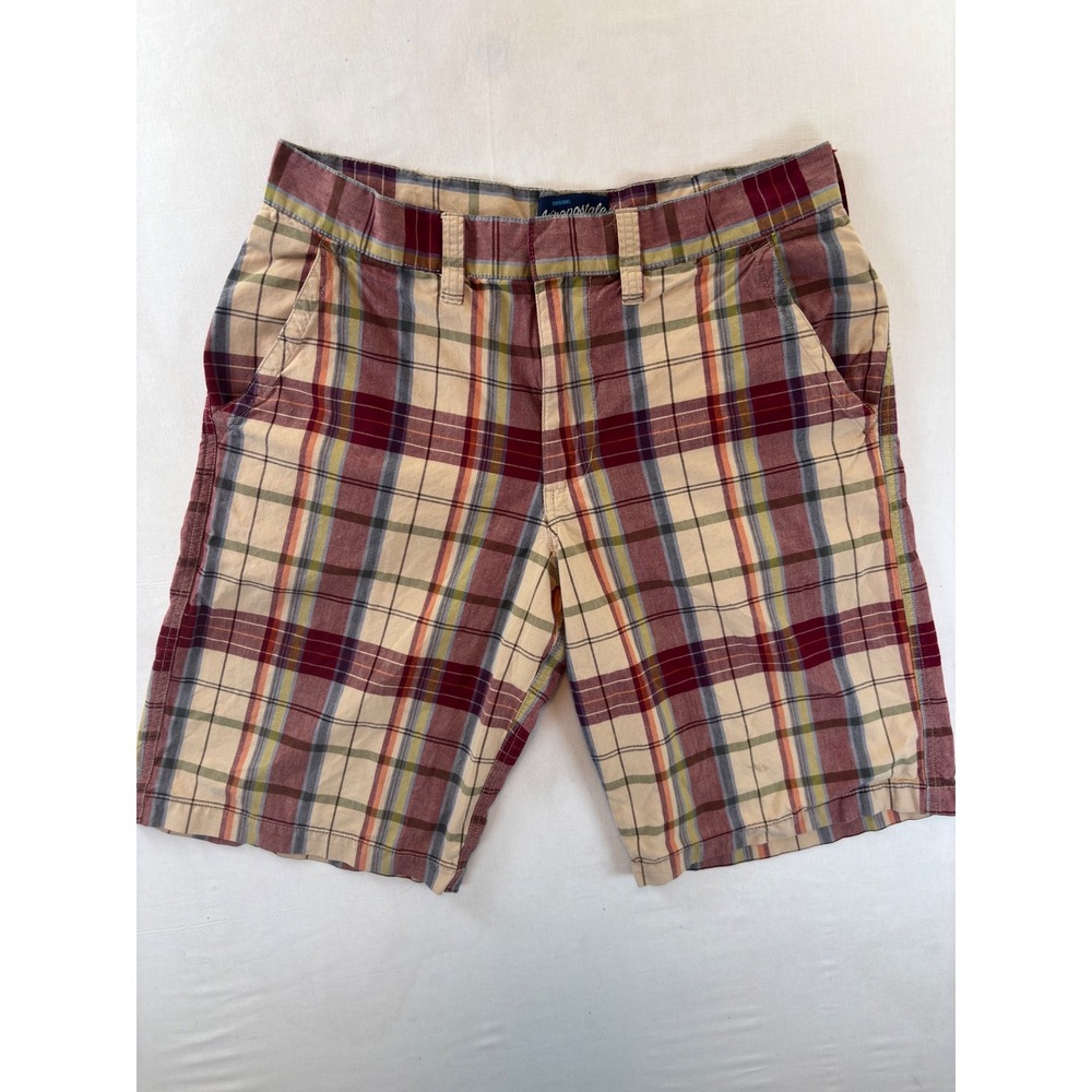 Aeropostale Mens Plaid Chino Shorts Size 31 Burgundy Tan Blue 100% Cotton